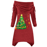 Yidouxian Large Women's Long-Sleeved Christmas Tree Printed Pleated Collar Irregular Long Rope Autumn And Winter Knitted Dress