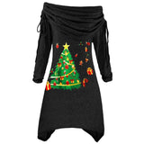 Yidouxian Large Women's Long-Sleeved Christmas Tree Printed Pleated Collar Irregular Long Rope Autumn And Winter Knitted Dress