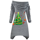 Yidouxian Large Women's Long-Sleeved Christmas Tree Printed Pleated Collar Irregular Long Rope Autumn And Winter Knitted Dress