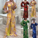 Yidouxian Print Chiffon Blouse and Skirt Women Skirts Set Semi-sheer Tops Boho 2 Piece Set Summer Chic Lady Female 2023 New