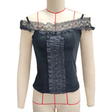 Yidouxian Women Lolita Clothes Camisole Crop Tops Summer 2024 Lace Patchwork Off Shoulder T-shirts y2k Retro Aesthetic Clothing Streetwear