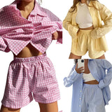 Yidouxian Women 2Pieces Shorts Suit Female Striped/Plaid Turn-Down Collar Long Sleeve Button Shirt + Short Pants Outfits Set