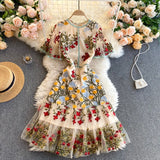 Yidouxian Retro Mesh Embroidery Dress Women Short Sleeve Ruffles A-line Dress Summer High Quality Elegant Chic Streetwear Dress