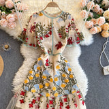 Yidouxian Retro Mesh Embroidery Dress Women Short Sleeve Ruffles A-line Dress Summer High Quality Elegant Chic Streetwear Dress