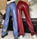 Yidouxian Y2K Vintage PU Faux Leather Pants Women High Waist Button Straight-Leg Trousers Streetwear Punk Style Female Pants