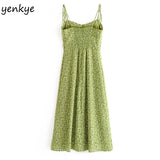 Yidouxian Dress 2024 Women Green Floral Print Sling Dress Sundress Female V Neck Sleeveless Hem Slits A-line Chiffon Dress vestido