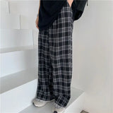 Yidouxian Plaid Wide Leg Pants Women Streetwear Oversized Baggy Sweatpants Vintage High Waist Casual Joggers Black Trousers