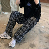 Yidouxian Plaid Wide Leg Pants Women Streetwear Oversized Baggy Sweatpants Vintage High Waist Casual Joggers Black Trousers