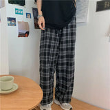 Yidouxian Plaid Wide Leg Pants Women Streetwear Oversized Baggy Sweatpants Vintage High Waist Casual Joggers Black Trousers