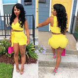 Yidouxian Piece Set 2024 Summer women crop tops High Waist Shorts 2pcs Ruffles Bow outfits Ladies Yellow Slim matching Clothes sets