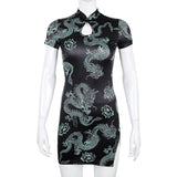 Yidouxian Cheongsam Style Vintage Chinese Qipao Dress Women Gothic Short Sleeve Front Hole High Split Bodycon Short Mini Dress