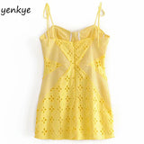 Yidouxian Women Yellow Lace Trim Spaghetti Strap Bodycon Mini Dress Romantic Lady Backless Sleeveless Party Club Sexy Dress
