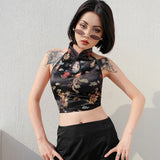 Yidouxian Chinese Qipao Style Sexy Women Cheongsam Halter embroidery Backless Goth Vest top bow knot tied Crop Top Tee