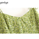 Yidouxian Dress 2024 Women Green Floral Print Sling Dress Sundress Female V Neck Sleeveless Hem Slits A-line Chiffon Dress vestido