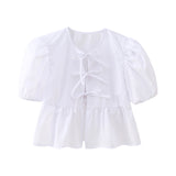 Yidouxian New Bubble Cuff Lace-Up Solid Color Short Blouse 1213835