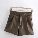 Yidouxian Spring Style Pleated Leather Solid Color Fashion Trendy Shorts 7385290