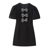 Yidouxian New Spring Bow Knot Decorated With Hollowed-Out Slim Short Dress