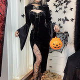 Yidouxian Halloween New Women's Dress Suit Hat Horn Sleeve Spider Web Dress