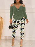 Yidouxian Autumn And Winter Women's Wear New Shoulder Spliced Long-Sleeved Printed Trousers Two Sets