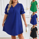 Yidouxian Independent Station Spring And Summer New V-Collar Short-Sleeved Solid Color Large-Size Dress