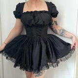 Yidouxian Shoulder Lace Spliced Dress Dark Style Waist Shows A Thin And Fluffy Short Skirt Woman