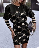 Yidouxian Independent Station Autumn New Fashion Printed Waist Round Collar Long-Sleeved Dress