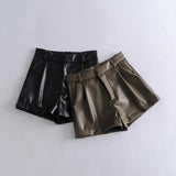 Yidouxian Spring Style Pleated Leather Solid Color Fashion Trendy Shorts 7385290