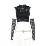 Yidouxian Dark Wind Netting Skull Lace Vest Two-Piece Set Spring Ins Sexy Inner Suit