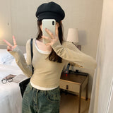 Yidouxian Tight Bottomed Shirt Women's Autumn And Winter New Fake Two Shoulder Long-Sleeved T-Shirts With Short Underwear