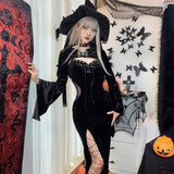 Yidouxian Halloween New Women's Dress Suit Hat Horn Sleeve Spider Web Dress