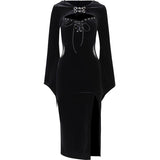 Yidouxian Halloween New Women's Dress Suit Hat Horn Sleeve Spider Web Dress