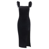 Yidouxian Knitted Square Collar Wool Suspender Forked Dress 2024 Spring Women's Fashion Sexy Slim Dress