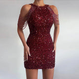 Yidouxian Spring / Summer New Fashion Neckline Sex Crystal Tassel Hip Sequins Dress Middle Waist Evening Dress