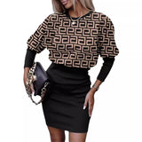 Yidouxian Independent Station Autumn New Fashion Printed Waist Round Collar Long-Sleeved Dress