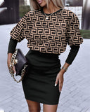 Yidouxian Independent Station Autumn New Fashion Printed Waist Round Collar Long-Sleeved Dress