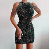 Yidouxian Spring / Summer New Fashion Neckline Sex Crystal Tassel Hip Sequins Dress Middle Waist Evening Dress