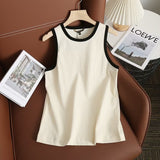 Yidouxian New Rice-White Sleeveless Spliced Slim Lady's Bottomed Vest T-Shirt