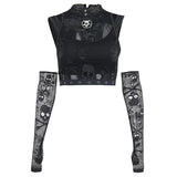 Yidouxian Dark Wind Netting Skull Lace Vest Two-Piece Set Spring Ins Sexy Inner Suit