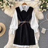 Yidouxian Style Fragrant Style Suit Design Feeling Minority White Shirt Skirt Knitted Vest Skirt Folded And Waist Two-Piece Set