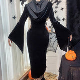 Yidouxian Halloween New Women's Dress Suit Hat Horn Sleeve Spider Web Dress