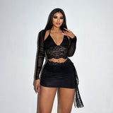 Yidouxian Autumn New Fashion Temperament Sexy Deep V Slim Lace Spliced Net Long-Sleeved Dress Woman