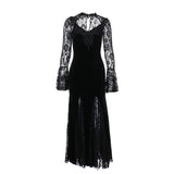 Yidouxian Autumn New Style Sexy Micro-Transparent Slim Dress Dark Lace Fishtail Long-Sleeved Dress Woman