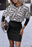 Yidouxian Independent Station Autumn New Fashion Printed Waist Round Collar Long-Sleeved Dress