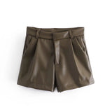 Yidouxian Spring Style Pleated Leather Solid Color Fashion Trendy Shorts 7385290