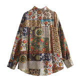 Yidouxian Spring Women Patchwork Print Satin Shirt Long Sleeve Lapel Collar Female Vintage Blouse Blusas Mujer