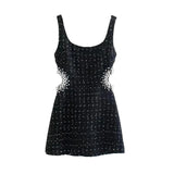 Yidouxian ZRN-Women's Faux Pearl Beading Tweed Mini Dress,Back Zipper, Hollow Out, Female Dresses, Sexy Fashion