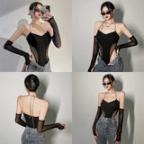 Yidouxian Women's Bodysuit American Retro Chain Gauze Splicing Slim Sexy Long Sleeves Basic Jumpsuit Top