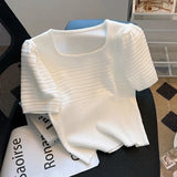 Yidouxian Simple Casual T Shirt Women Puff Short Sleeve Square Neck Knit Tops Ladies Summer New White T-shirt Ropa De Mujer