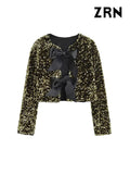 Yidouxian ZRN-Women's Long Sleeve Sequined Cropped Jacket, O Neck Coat, Female Outerwear, Chic Tops, Bow Tied