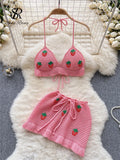 Yidouxian Strawberry Sweet Beach Two Pieces Sets Halter Backless Camis+Short Skirts Fashion Hook Flower Hollow Out Beach Suits